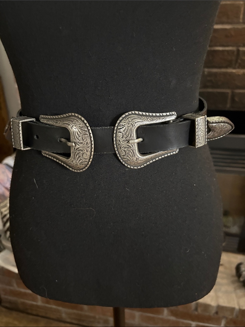 Zara Black Leather Double Buckle Western-Style Belt